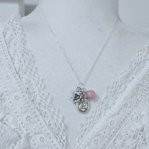 Virgin Mary Pink Stone Handmade Necklace - Picture 4 of 4